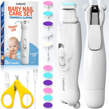 Load image into Gallery viewer, Baby Nail Trimmer Electric Kit - Baby Nail Clippers File w/ Led Light for Newborn, Infant, Toddler, Kids - Baby Manicure Fingernail Care Set w/ Scissors - Baby Essentials Must Haves Grinder Cutter
